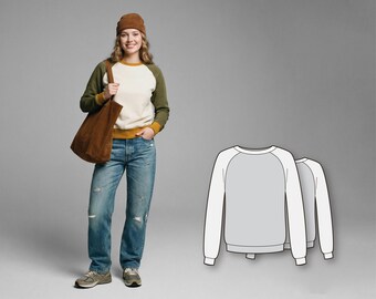 Women’s Raglan Sleeve Sweatshirt Sewing Pattern, Colorblock Crewneck Pullover