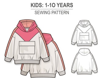 Oversize hoodie for boys and girls with triangle front yoke and flap pocket - PDF sewing pattern for kids - age 1-10 years