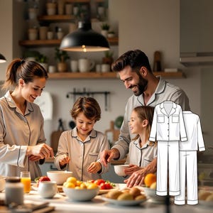 Family Pajama Set Sewing Pattern, PDF Download, Matching Pajamas for Men, Women, and Kids, Classic Button-Down with Lapel Collar