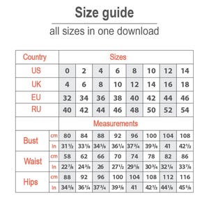 May include: A size guide chart with measurements in inches and centimeters. The chart includes sizes for US, UK, EU, and RU countries. Measurements for bust, waist, and hips are provided, with sizes ranging from 0 to 14 in US sizes.