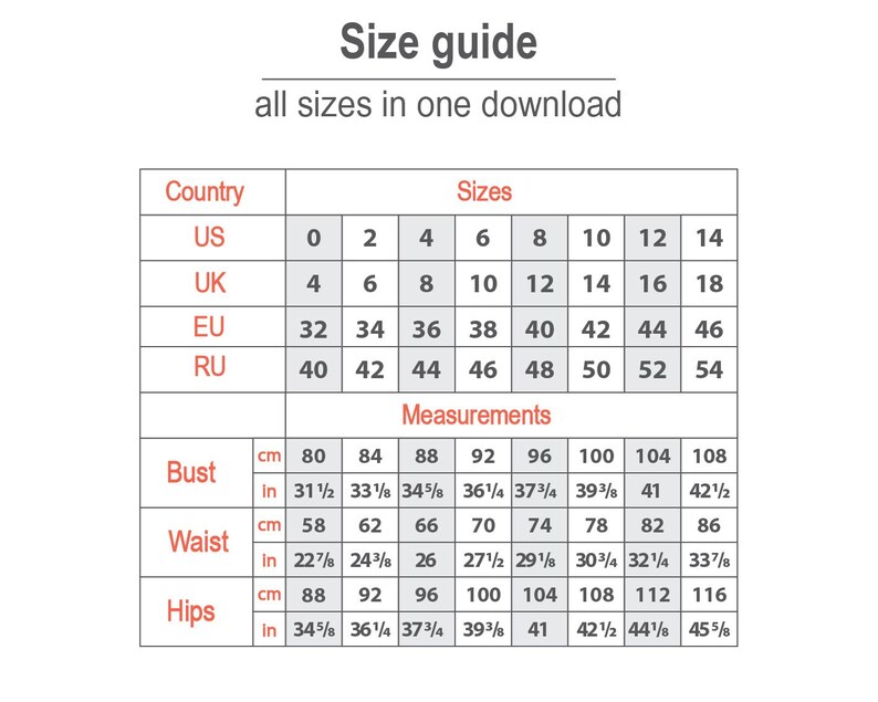May include: A size guide chart with measurements in inches and centimeters. The chart includes sizes for US, UK, EU, and RU countries. Measurements for bust, waist, and hips are provided, with sizes ranging from 0 to 14 in US sizes.