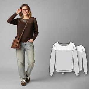 Puede incluir: Una mujer con una sudadera marrón con un panel de cuero, vaqueros azul claro y zapatillas marrones. Lleva un bolso marrón. A la derecha, un dibujo lineal de una sudadera con paneles blancos y grises.