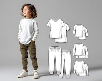 Kids T-Shirt and Sweatpants PDF Sewing Pattern, DIY Lounge Set with Short and Long Sleeves, Beginner-Friendly Layered Printable Pattern