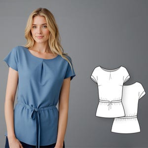May include: A light blue short-sleeve top with a round neckline and a tie waist. The top features a pleated detail at the neckline and a relaxed fit. A line drawing of the top is also shown.