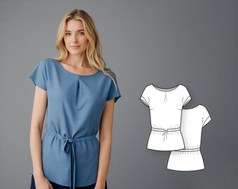 Women’s Blouse Sewing Pattern, Relaxed Fit Drawstring Top with Kimono Sleeves