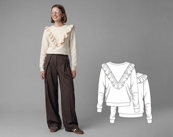 Women’s Knit Top Sewing Pattern, Raglan Sleeve Crewneck Pullover with Ruffled Yoke