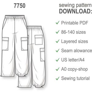 Cartamodello per pantaloni cargo larghi da bambina in formato PDF, modello di pantaloni per principianti facile da usare, modello digitale da scaricare immagine 3