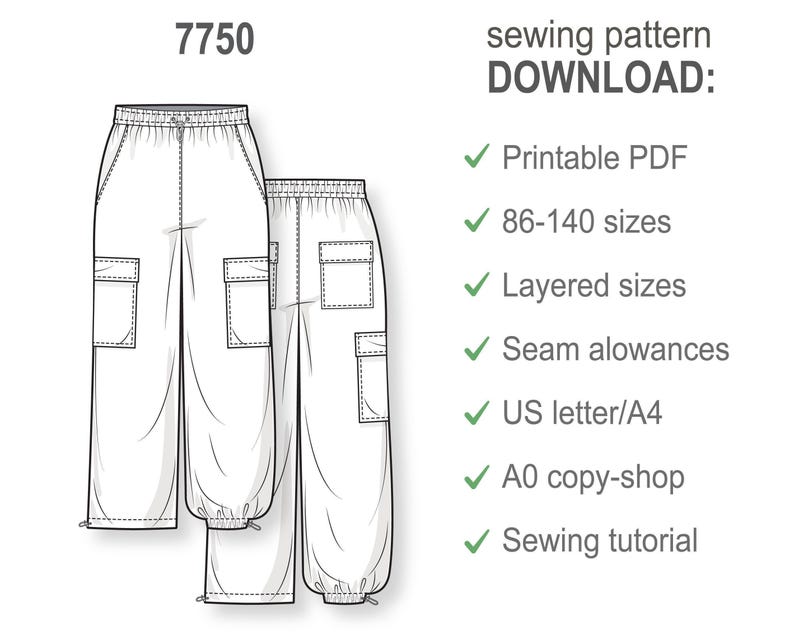 Cartamodello per pantaloni cargo larghi da bambina in formato PDF, modello di pantaloni per principianti facile da usare, modello digitale da scaricare immagine 3