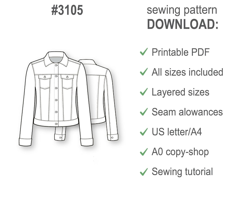 Denim Jacket Pattern - Sewing Patterns - Jean Jacket Pattern - PDF sewing pattern - Fashion Pattern - Sewing Tutorial - Patterns for Women image 2