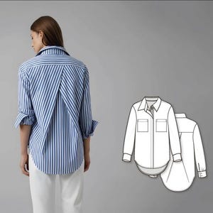 May include: A blue and white striped button-down shirt with rolled-up sleeves. The shirt has a classic collar and a curved hem. A fashion illustration of the shirt is also shown.