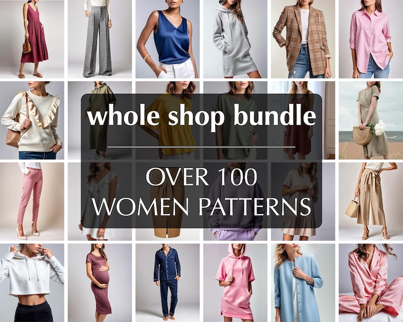 The image is a collage of various women's clothing and accessories, including tops, bottoms, dresses, and handbags, arranged in a grid format.