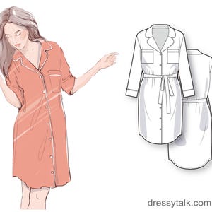 Button-down nightgown robe with cuffed long sleeve and optional belt - PDF sewing pattern for women