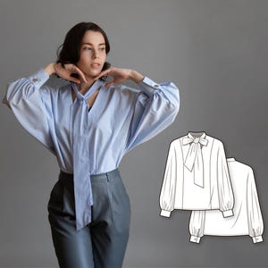 Puff gathered sleeve oversize woven shirt blouse with bow tie collar - PDF sewing pattern for women