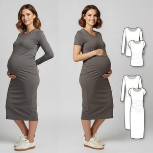 May include: Two grey maternity dresses are shown, one with long sleeves and the other with short sleeves, on a model. The dresses are knee-length and form-fitting. White trainers with tan soles are worn with the dresses. Line drawings of the dresses are also shown.