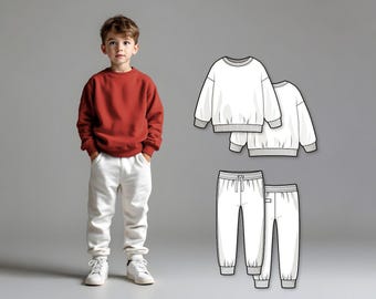 Kids Tracksuit Sewing Pattern PDF, Beginner-Friendly Sweatshirt and Sweatpants Set, DIY Printable Pullover Outfit for Kids