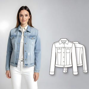 デニムジャケットの型紙 - 裁縫パターン - ジーンズジャケットの型紙 - PDF裁縫パターン - ファッションパターン - 裁縫チュートリアル - 女性用型紙