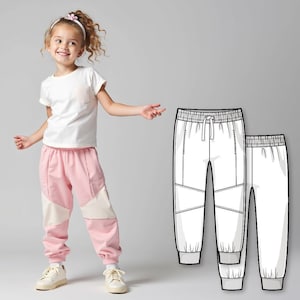 Patrón de costura de pantalones deportivos con bloques de color para niñas (PDF), patrón de pantalones fáciles para niños, patrón de costura digital para principiantes, pantalones deportivos imprimibles