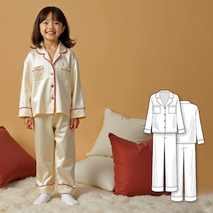 子供用織りパジャマの縫製パターンPDF、ラペルカラー付きボタンダウンパジャマセット、男の子と女の子のためのDIY織り生地パジャマ
