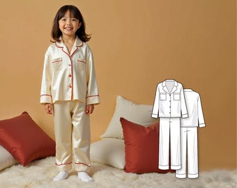 Kids Woven Pajama Sewing Pattern PDF, Button-Down Pajama Set with Lapel Collar, DIY Woven Fabric Pajama for Boys and Girls