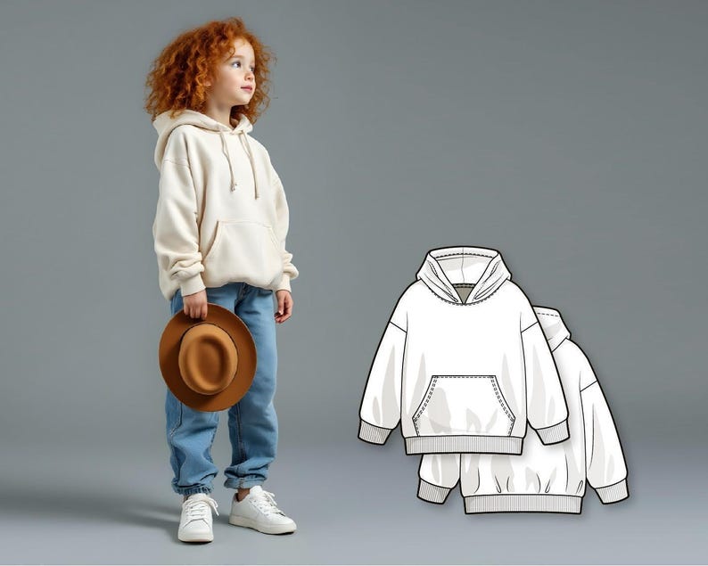 Patrón de costura de sudadera con capucha para niños (PDF), patrón de sudadera con capucha fácil para niñas, patrón digital de costura para principiantes, patrones de costura imprimibles para niños. imagen 1