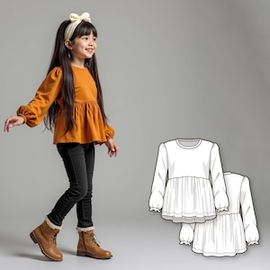 Patron de couture PDF haut à basque à manches longues pour filles, haut évasé pour enfants débutants, patron de couture numérique facile, chemise imprimable pour filles