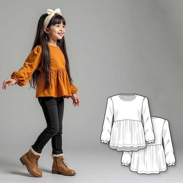 Girls Long Sleeve Peplum Top Sewing Pattern PDF, Beginner Kids Flare Top, Easy Digital Sewing Pattern, Printable Shirt for Girls