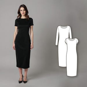 Puede incluir: Una mujer lleva un vestido negro de manga corta, con cuello barco y dobladillo a la rodilla. El vestido tiene una silueta entallada. También se muestran dos patrones de vestidos blancos.