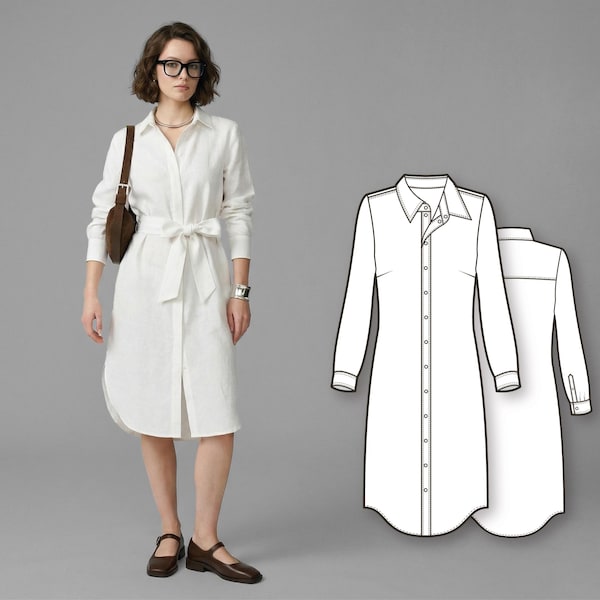 Naaipatroon dames button-down shirtjurk, jurk met lange mouwen en riem
