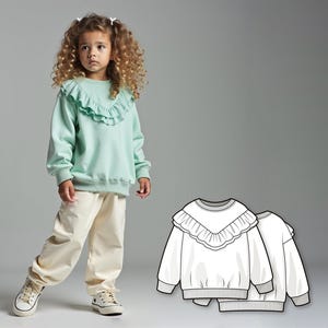 Girls Sweatshirt Sewing Pattern PDF, Beginner Kids Sweatshirt with Ruffle, Easy Sewing Digital Pattern, Printable Sewing Patterns