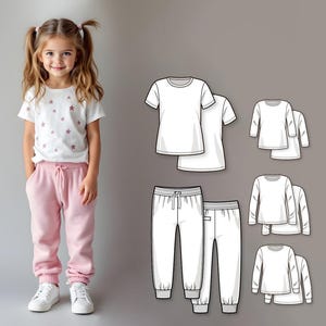 Patrón de costura para camiseta y pantalón deportivo infantil, conjunto de salón DIY con mangas cortas y largas, corte regular (PDF), costura fácil para bebés y niños.
