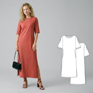 Women’s Knit Maxi Dress Sewing Pattern, Relaxed Fit T-Shirt Dress with Elbow Sleeves and Side Slits