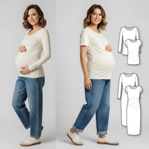 Women’s Maternity T-Shirt Sewing Pattern, Knit Pregnancy Dress with Long or Short Sleeves