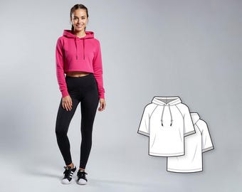 Basic regular fit raglan sleeve cropped sweatshirt hoodie - PDF sewing pattern for women