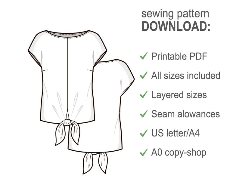 Short Sleeve Woven Blouse With Front Tie - PDF Sewing Pattern for Women ...