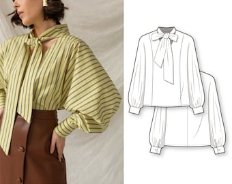 Shirt oversize blouse with puff sleeves and a bow tie collar - PDF sewing pattern for women