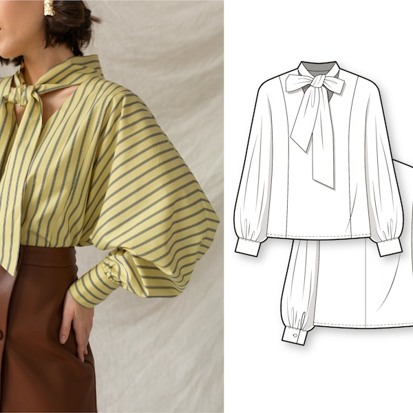 Shirt oversize blouse with puff sleeves and a bow tie collar - PDF sewing pattern for women