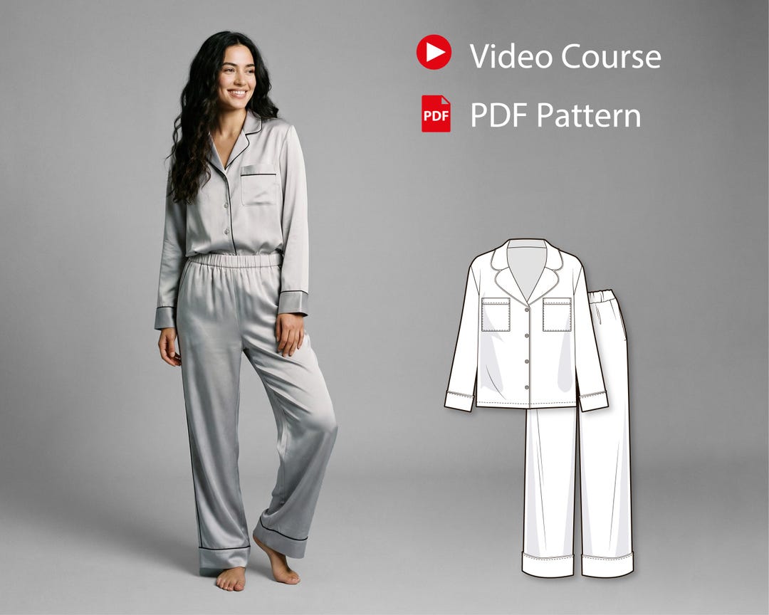 Women’s Pajama Sewing Pattern With Video Tutorial, Button Down Shirt ...