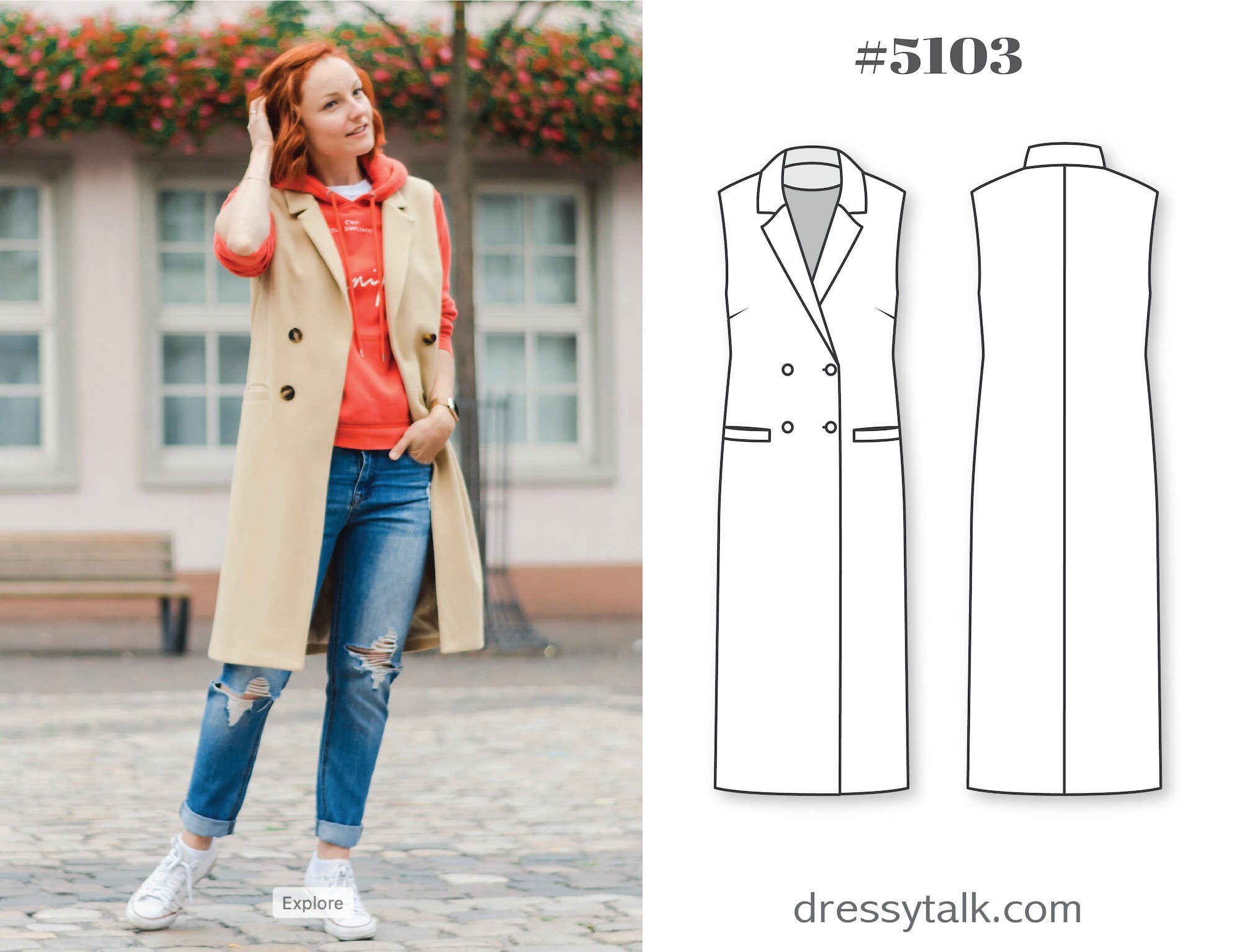 Vest Coat Sewing Pattern Sleeveless Blazer Pattern Jacket Pattern