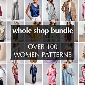 The image is a collage of various women's clothing and accessories, including tops, bottoms, dresses, and handbags, arranged in a grid format.