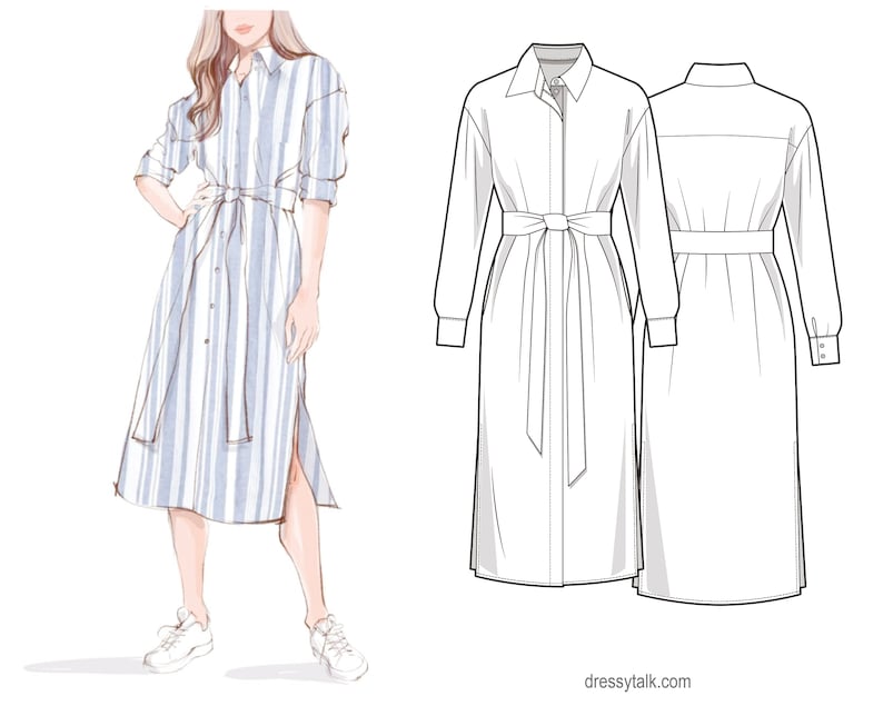 Shirt Dress Pattern PDF Sewing Patterns Long Sleeve Dress Pattern Downloadable Sewing Patterns Designer Dress Patterns Sewing Idea image 2