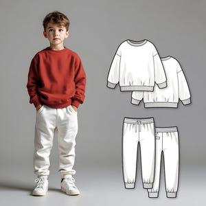 Patrón de costura de chándal para niños en PDF, conjunto de sudadera y pantalón deportivo para principiantes, conjunto de jersey imprimible DIY para niños