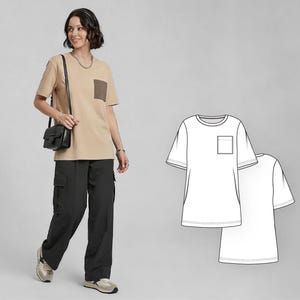 Puede incluir: Una camiseta beige de manga corta con un bolsillo marrón, combinada con pantalones cargo negros. La imagen también muestra un bolso negro y un collar de cadena plateada. También se muestra un dibujo lineal de la camiseta.