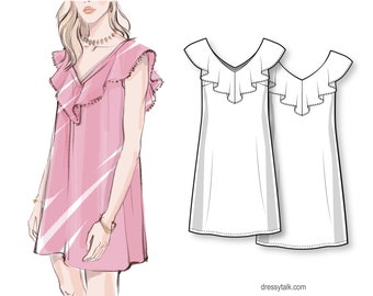 Summer sleeveless loose fit dress with flounce V-shape neckline - PDF sewing pattern for women