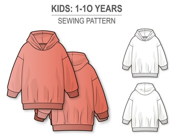 Basic oversize long length below hips hoodie for boys and girls - PDF sewing pattern for kids - age 1-10 years old