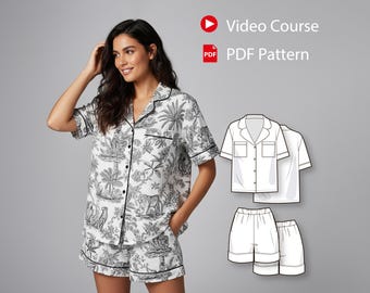 Women’s Summer Pajama Sewing Pattern with Video Tutorial, Short Sleeve Button Shirt and Elastic Waist Shorts