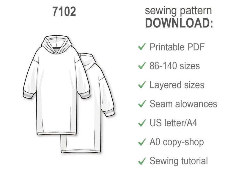 Mädchen Hoodie Kleid Schnittmuster PDF, einfaches Hoody und Kleid Muster für Kinder, Anfänger Nähen Digital Pattern, druckbare PDF Bild 4
