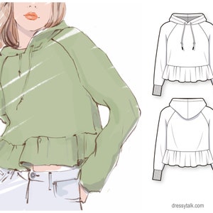 Regular fit raglan sleeve ruffled cropped sweatshirt hoodie - PDF sewing pattern for women