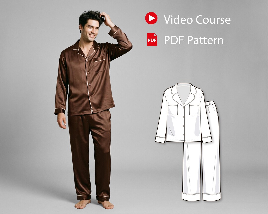 Men’s Pajama Sewing Pattern With Video Tutorial, Button Down Shirt and ...