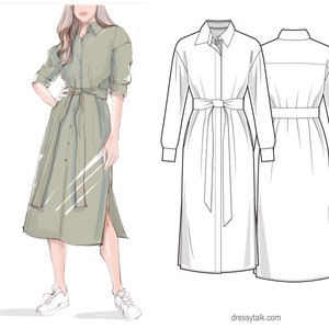 Shirt Dress Pattern - PDF Sewing Patterns - Long Sleeve Dress Pattern - Downloadable Sewing Patterns - Designer Dress Patterns - Sewing Idea