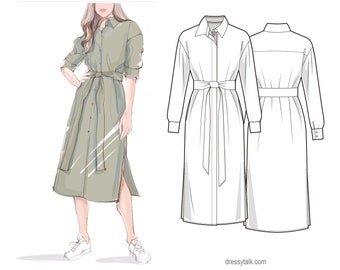 Shirt Dress Pattern - PDF Sewing Patterns - Long Sleeve Dress Pattern - Downloadable Sewing Patterns - Designer Dress Patterns - Sewing Idea